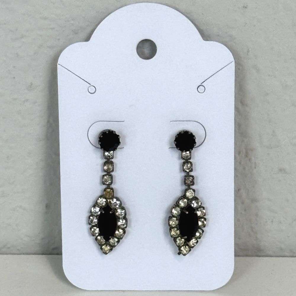 Vintage Black White Rhinestone Silver Tone Drop Earrings 50s